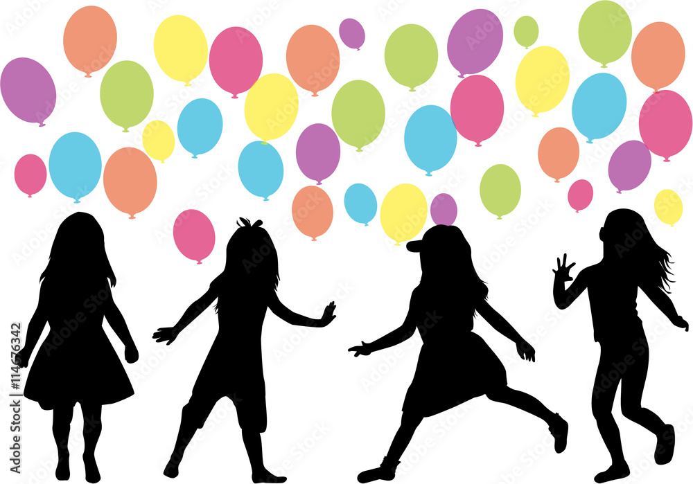 Silhouettes of children. Balloon background.