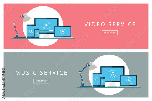 Set of flat design illustration concepts Video service and Music service. Banners for web design, marketing and promotion. Presentation templates. Vector illustration.