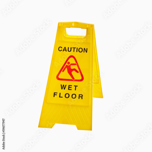 Yellow sign that alerts for wet floors isolated on white background