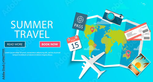 Trip to World. Travel to World. Vacation. Road trip. Tourism. Travel banner. Journey. Travelling illustration. Modern flat design. EPS 10. Colorful.