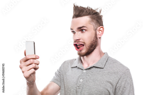 Canvas Print Young man with windblown mouth