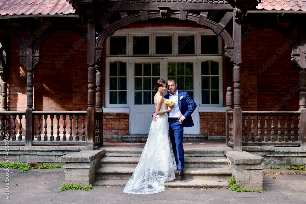 Wedding couple on the nature is hugging each other. Beautiful model girl in white dress. Man in suit. Beauty bride with groom. Female and male portrait. Woman with lace veil. Lady and guy outdoors