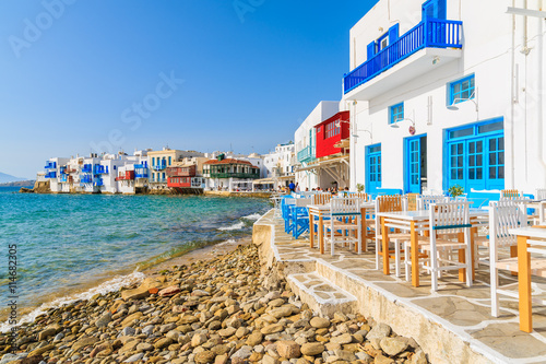A view of beach and tavern buildings in Little Venice part of Mykonos town, Mykonos island, Greece