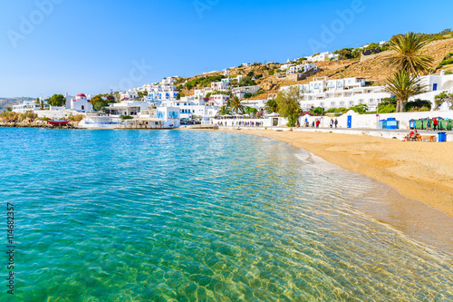Beautiful beach with crystal clear sea water in Mykonos town, Cyclades, Greece