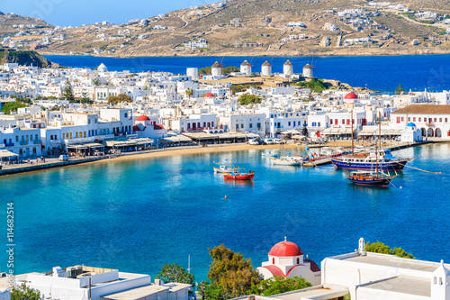 A view of Mykonos port with boats, Cyclades islands, Greece