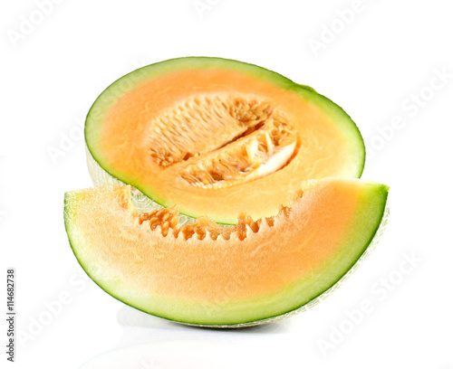 Melon cut pieces on white background.