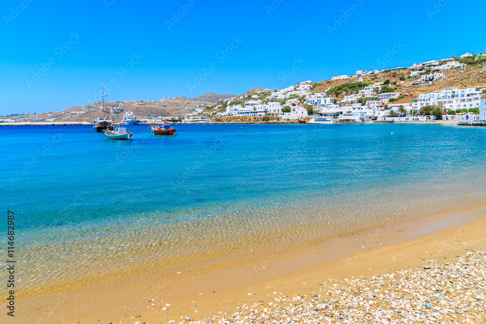 Beautiful beach in Mykonos port, Cyclades islands, Greece