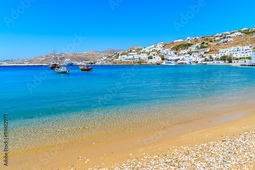 Beautiful beach in Mykonos port, Cyclades islands, Greece