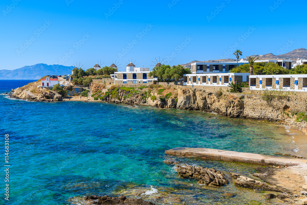 A view of beautiful bay with beach near Mykonos town, Cyclades islands, Greece