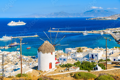 A view of a famous windmill in Mykonos port, Cyclades islands, Greece