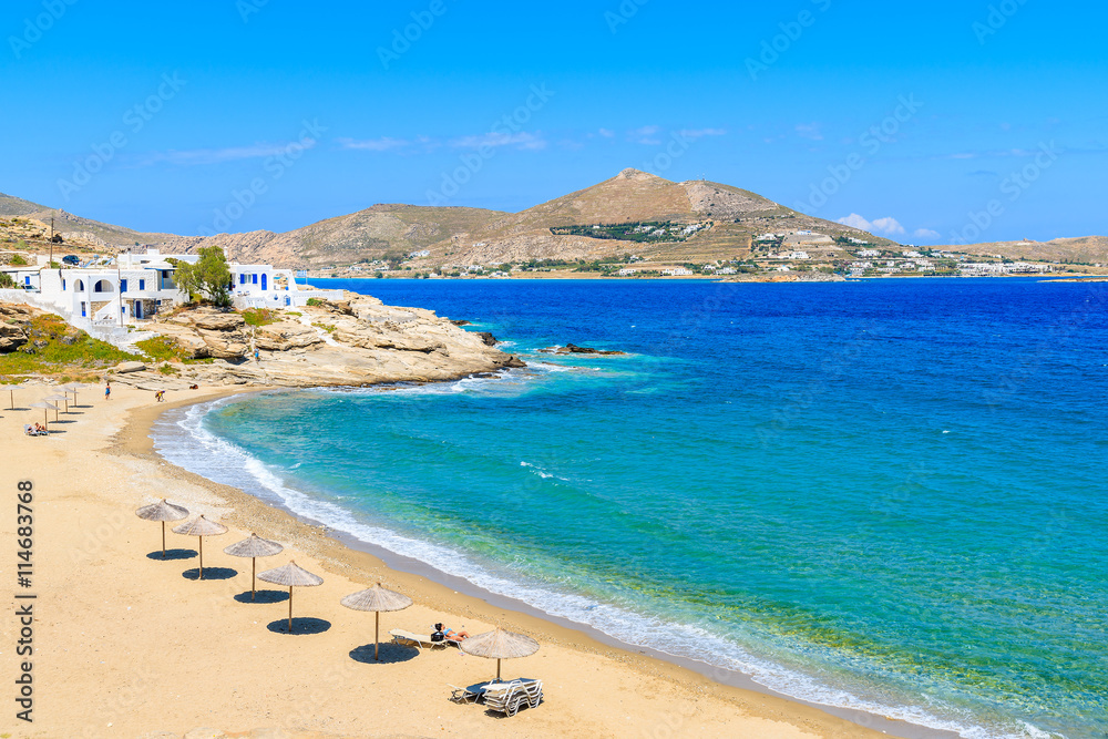 A view of beautiful bay with beach in Naoussa village, Paros island, Cyclades, Greece