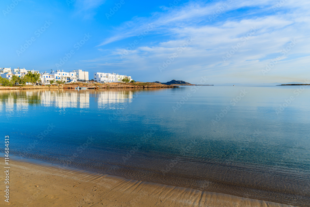 A view of beach in Naoussa village at sunrise time, Paros island, Cyclades, Greece