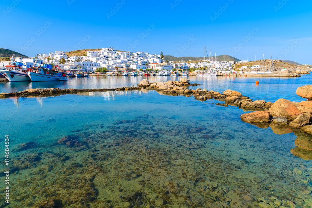 A view of Naoussa fishing port at sunset time, Paros island, Cyclades, Greece