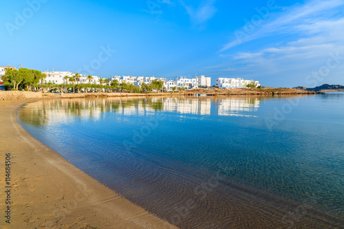 A view of beach in Naoussa village at sunrise time  Paros island  Cyclades  Greece