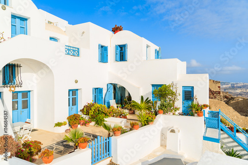 White architecture of Greek style apartments in Imerovigli village on Santorini island, Cyclades, Greece