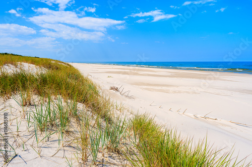 A view of white sand beach and dune with grass at Baltic Sea  Bialogora coastal village  Poland