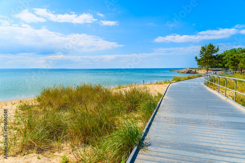 Coastal promenade along beach in Pucka bay on Hel peninsula, Baltic Sea, Poland