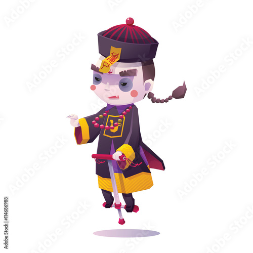 Vector Illustration of Chinese Hopping Vampire Ghost with Jumping Stick for Halloween on White Background, Cute Character 