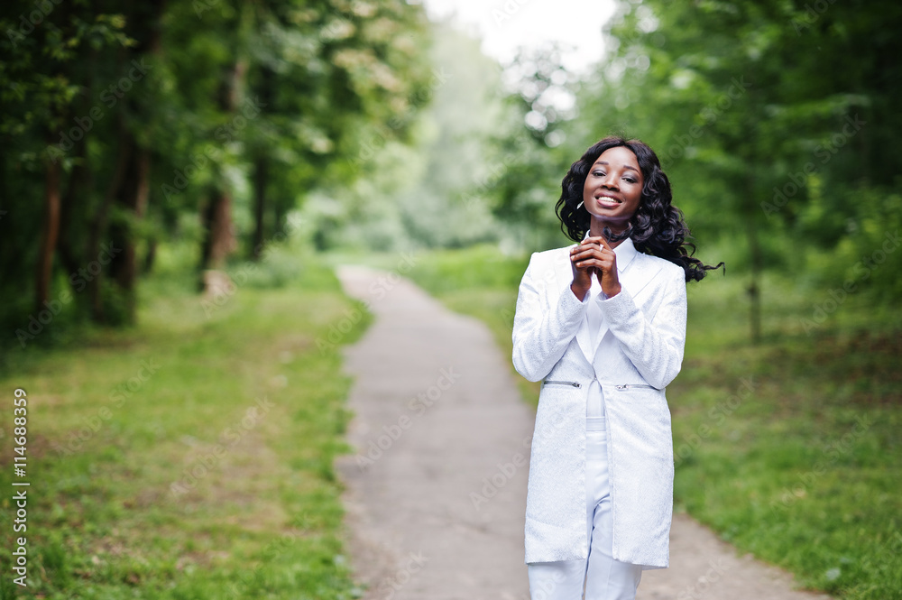 Portrait of stylish black african american girl stay on path on Portrait of stylish black african american girl stay on path on