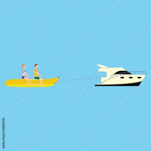 Vector water activity. Banana boat with man and woman.