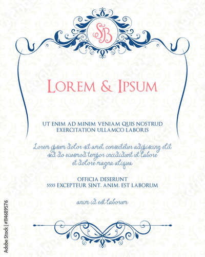 Ornate page design with decorative floral frame and monogram. Use for wedding invitations, greeting cards, invitations, menus, covers, posters and brochures.