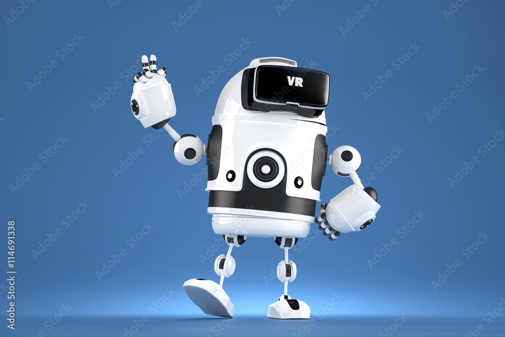 Handsome 3D robot with VR glasses. 3D illustration. Contains clipping path Handsome 3D robot with VR glasses. 3D illustration. Contains clipping path