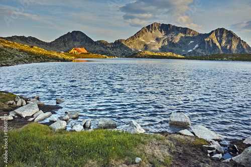 Sunset at Kamenitsa Peak And Tevno lake, Pirin Mountain, Bulgaria photo