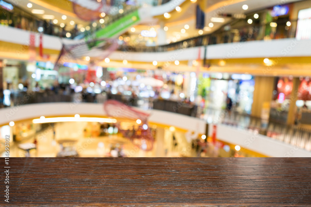 Empty wood table and Blurred background, department store