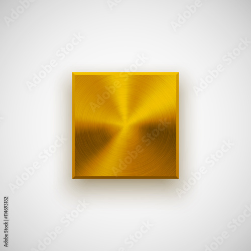 Gold abstract square badge, technology blank button template with metal texture, chrome, silver, steel and realistic shadow for logo, design concepts, apps, web and prints. Vector illustration.