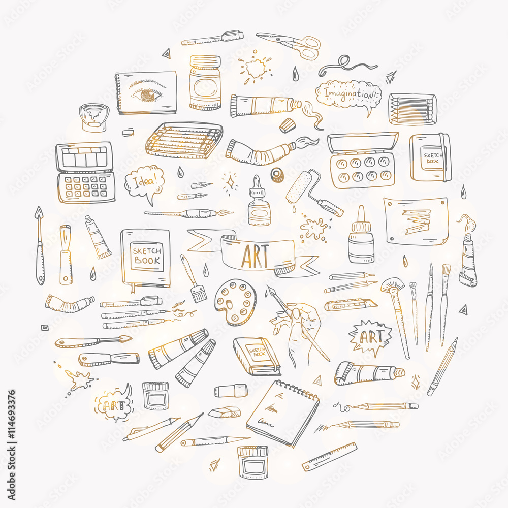 Hand drawn doodle Art and Craft tools icons set Vector illustration art instruments symbols collection Cartoon various art tools Brush Watercolor Paint Artist elements on white background Sketch