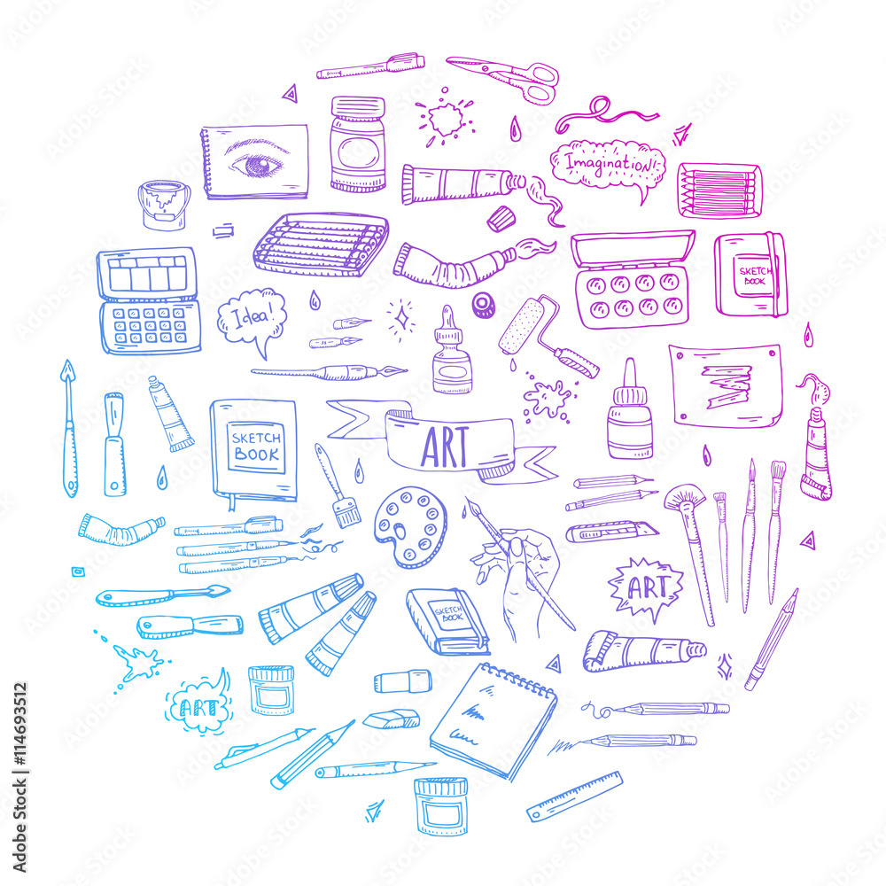 Hand drawn doodle Art and Craft tools icons set Vector illustration art instruments symbols collection Cartoon various art tools Brush Watercolor Paint Artist elements on white background Sketch Hand drawn doodle Art and Craft tools icons set Vector illustration art instruments symbols collection Cartoon various art tools Brush Watercolor Paint Artist elements on white background Sketch