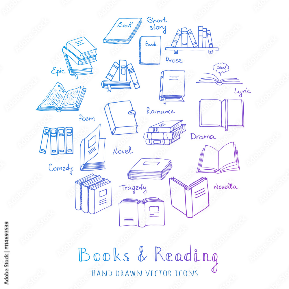 Hand drawn doodle Books Reading set Vector illustration Sketchy book icons elements Vector symbols of reading and learning Book club illustration Back to school Education University College symbols