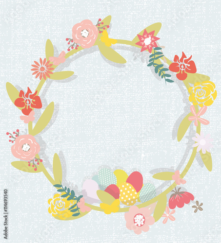 Happy Easter floral handmade card. Vector textile handmade flowers. Cute East...