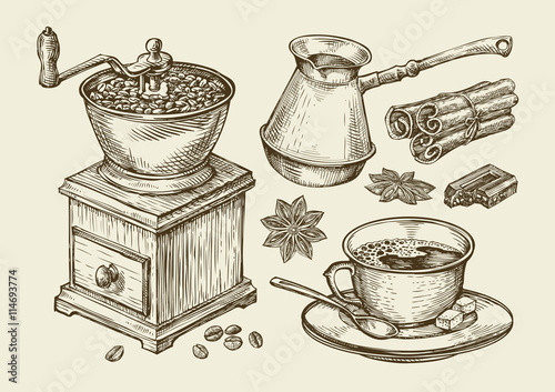 Hand drawn coffee grinder, cup, beans, star anise, cinnamon, chocolate, cezve, drink. Sketch vector illustration