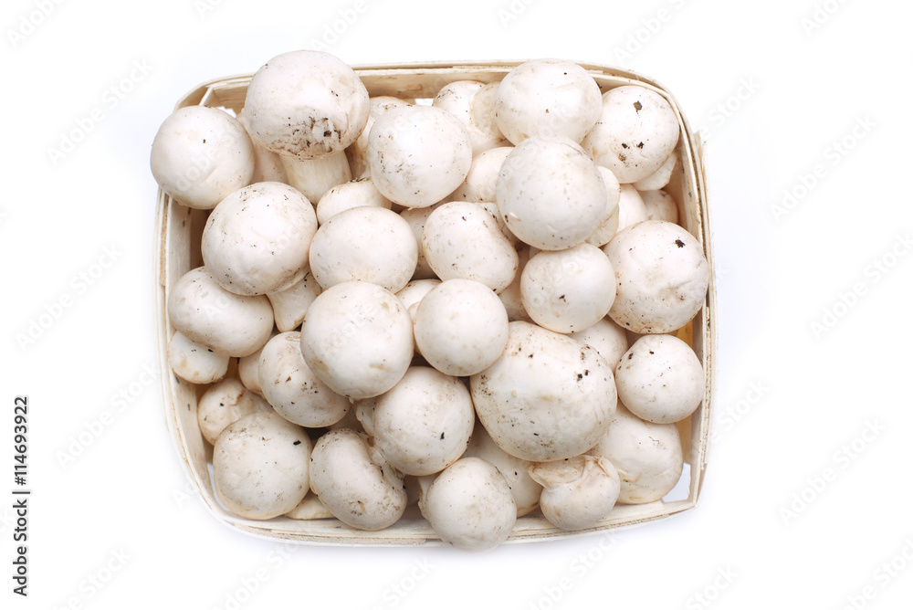 Top view of box of mushrooms isolated on white background Top view of box of mushrooms isolated on white background