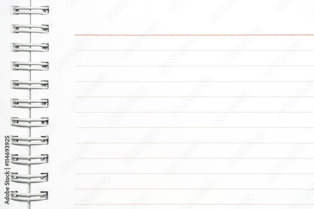 Notebook paper closeup. Blank paper spiral notebook page. Notebook empty page. Notebook with line paper. Notebook background with copy space for text or image. Notebook paper closeup. Blank paper spiral notebook page. Notebook empty page. Notebook with line paper. Notebook background with copy space for text or image.