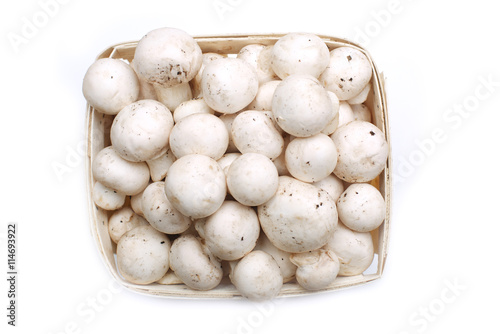 Top view of box of mushrooms isolated on white background
