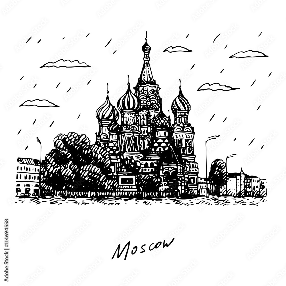 View of St. Basil's Cathedral on the Red Square in Moscow, Russia. Sketch by hand. Vector illustration