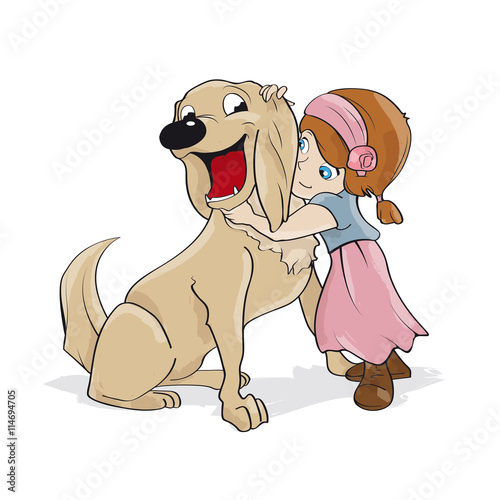 love and tenderness of a little girl with red hair with her dog, a happy golden retriever. She caresses him tenderly. 