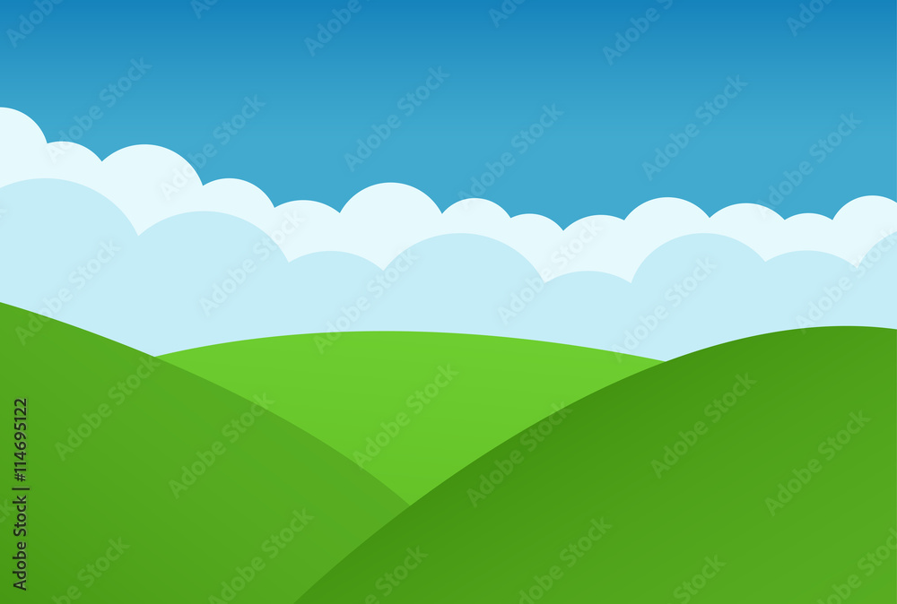 Simple grass, clouds and blue sky vector landscape.