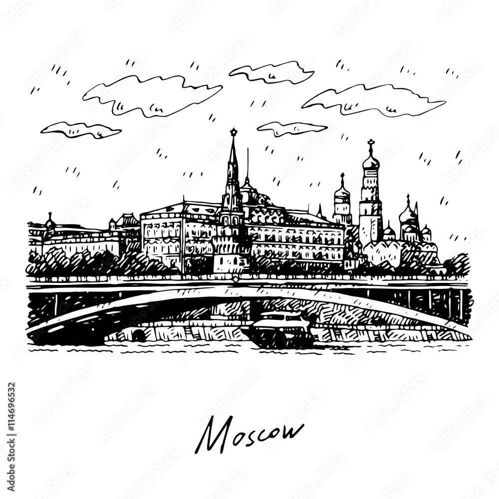 View of Bolshoy Kamenny Bridge on Moskva River and Kremlin in Moscow, Russia. Sketch by hand. Vector illustration. Engraving style