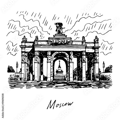 View of the main entrance to the VDNH (Exhibition of Achievements of the People's Economy). City park and exhibition center in Moscow, Russia. Sketch by hand. Vector illustration. Engraving style