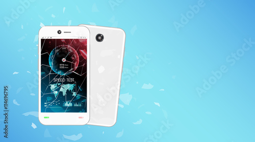 broken glass screen smartphone with speed test interface