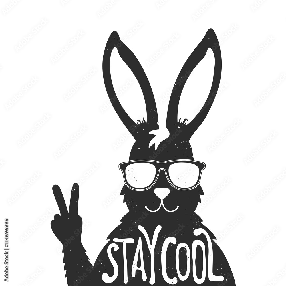 Fototapeta premium królik w okularach przeciwsłonecznych ze znakiem pokoju. Uspokój się