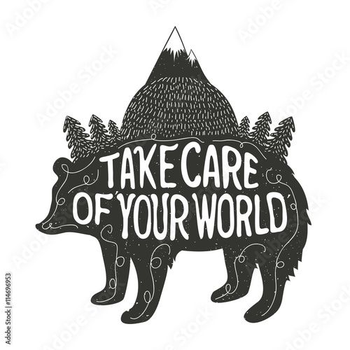 inspiration art with bear silhouette, mountains, forest