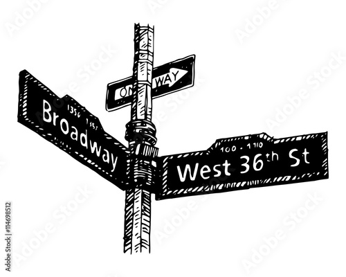 Street sign on the corner of Broadway and West 36th Street in Manhattan, New York City, USA. Sketch by hand. Vector illustration. Engraving style