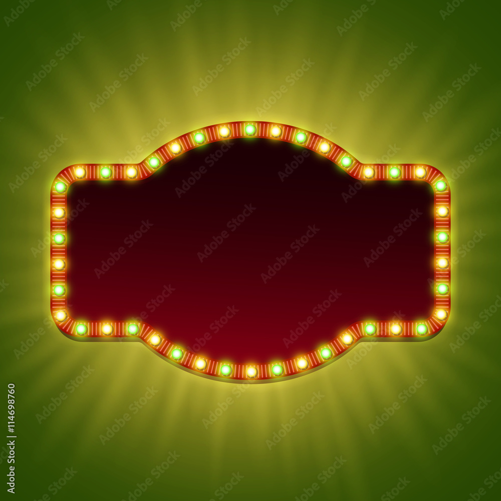 Blank 3d retro light banner with shining bulbs. Red frame with red and green lights and blank space for your advertising text. Vector illustration.