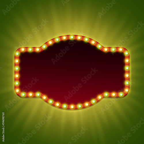 Blank 3d retro light banner with shining bulbs. Red frame with red and green lights and blank space for your advertising text. Vector illustration.