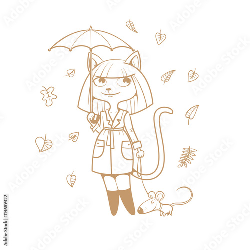 Postcard with cute cartoon  cat girl in  coat  under  umbrella and mouse. Autumn season. Rainy weather.  Falling leaves. Children's illustration. Vector contour image no fill.