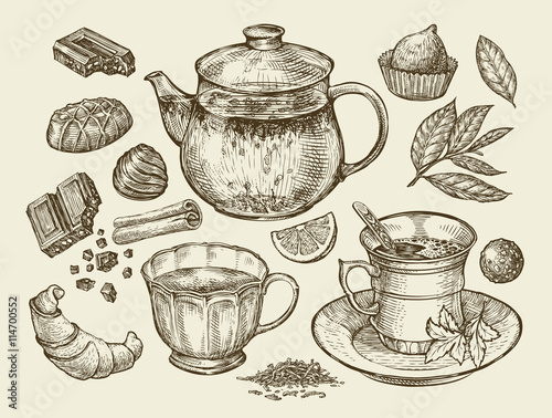 Drinks and food. Hand drawn tea, coffee, teapot, cup, chocolate, candy, croissant, dessert. Sketch vector illustration